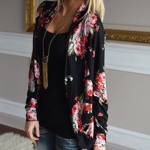 Long Sleeve Open Cardigan w/ Blossom Floral Print